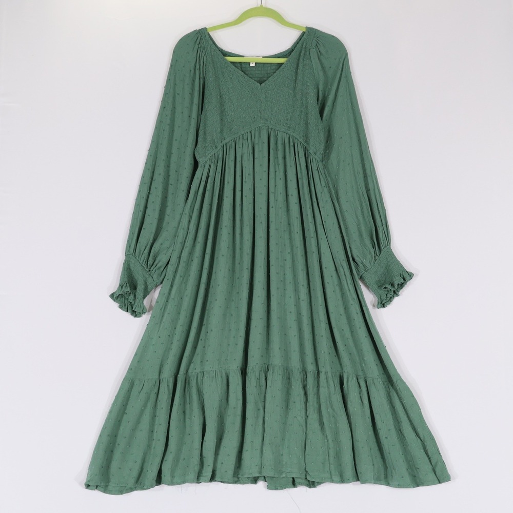 Baltic Born Midi Dress Womens 1X Green Swiss Dot Smocked V-Neck Cottagecore Boho